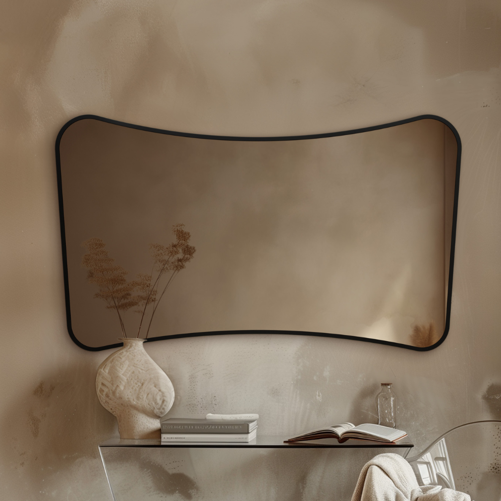 Product Lifestyle Photo of Origins Living Delphine 1200mm x 700mm Mirror Black in a room setting